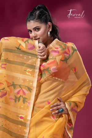 Yellow with multi colour kalmilata floral handwoven muslin silk jamdani saree - Tamal Boutique
