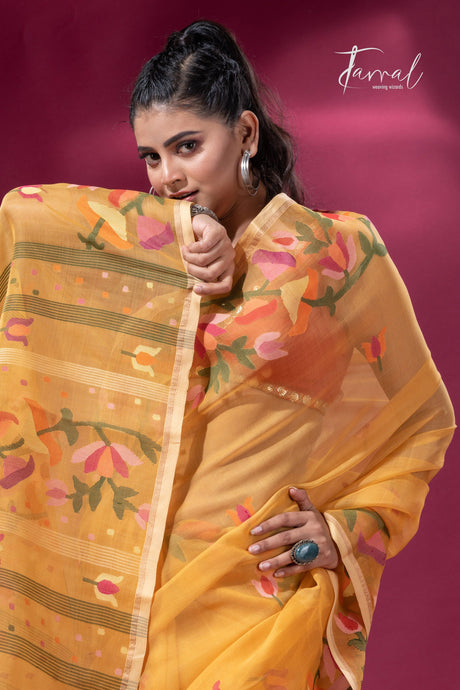 Yellow with multi colour kalmilata floral handwoven muslin silk jamdani saree - Tamal Boutique