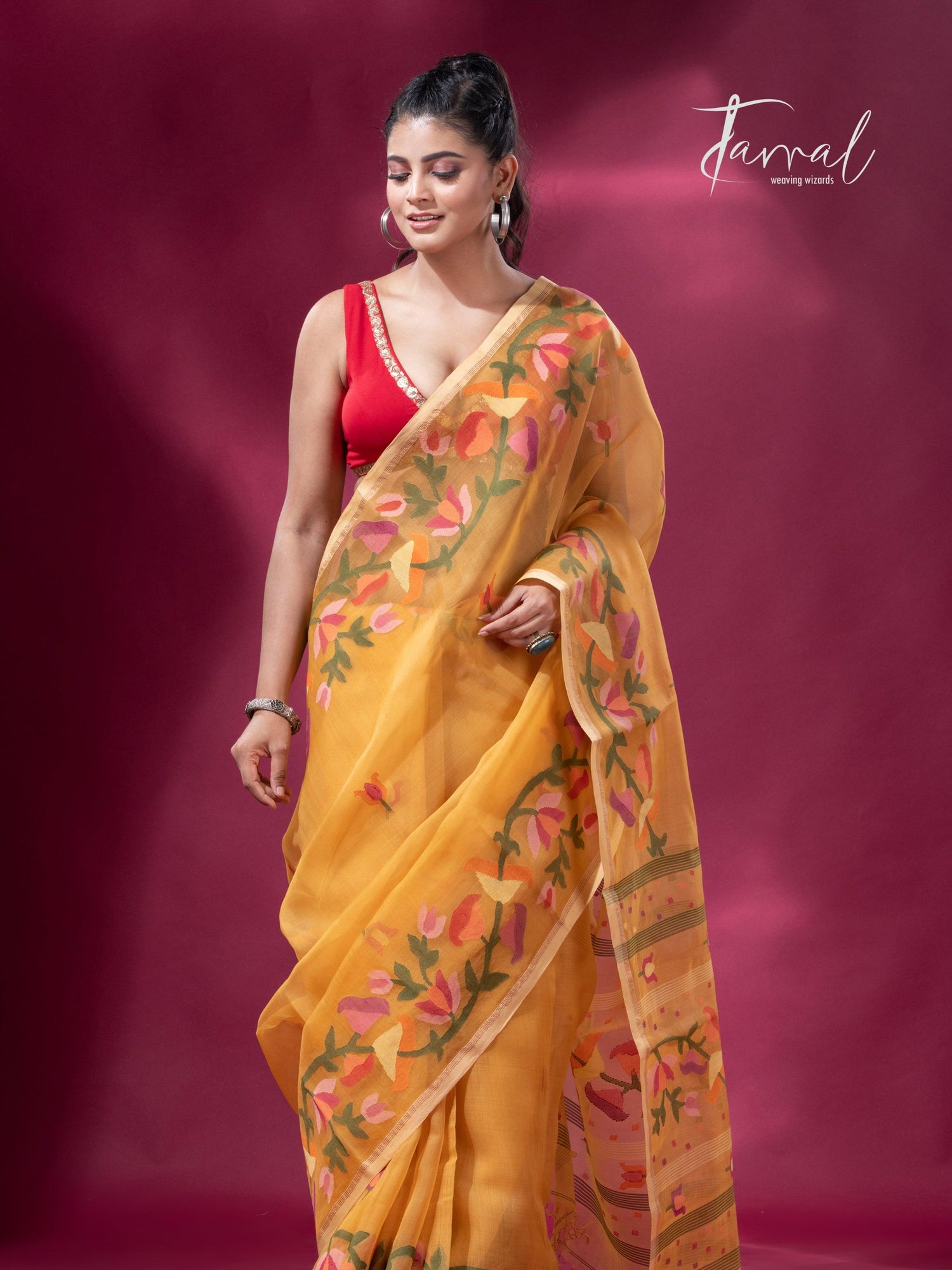 Yellow with multi colour kalmilata floral handwoven muslin silk jamdani saree - Tamal Boutique