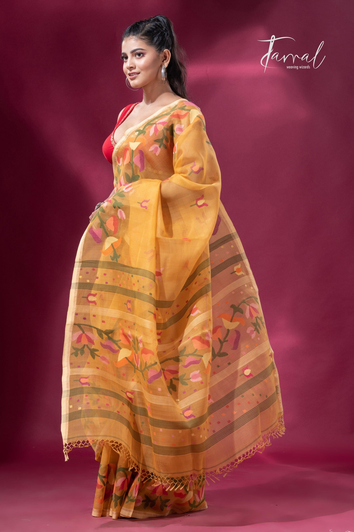 Yellow with multi colour kalmilata floral handwoven muslin silk jamdani saree - Tamal Boutique