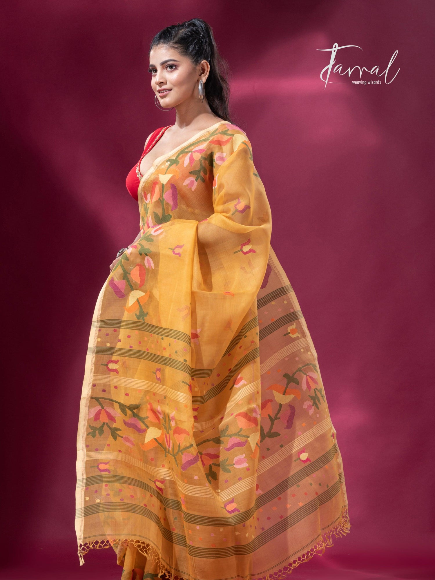 Yellow with multi colour kalmilata floral handwoven muslin silk jamdani saree - Tamal Boutique