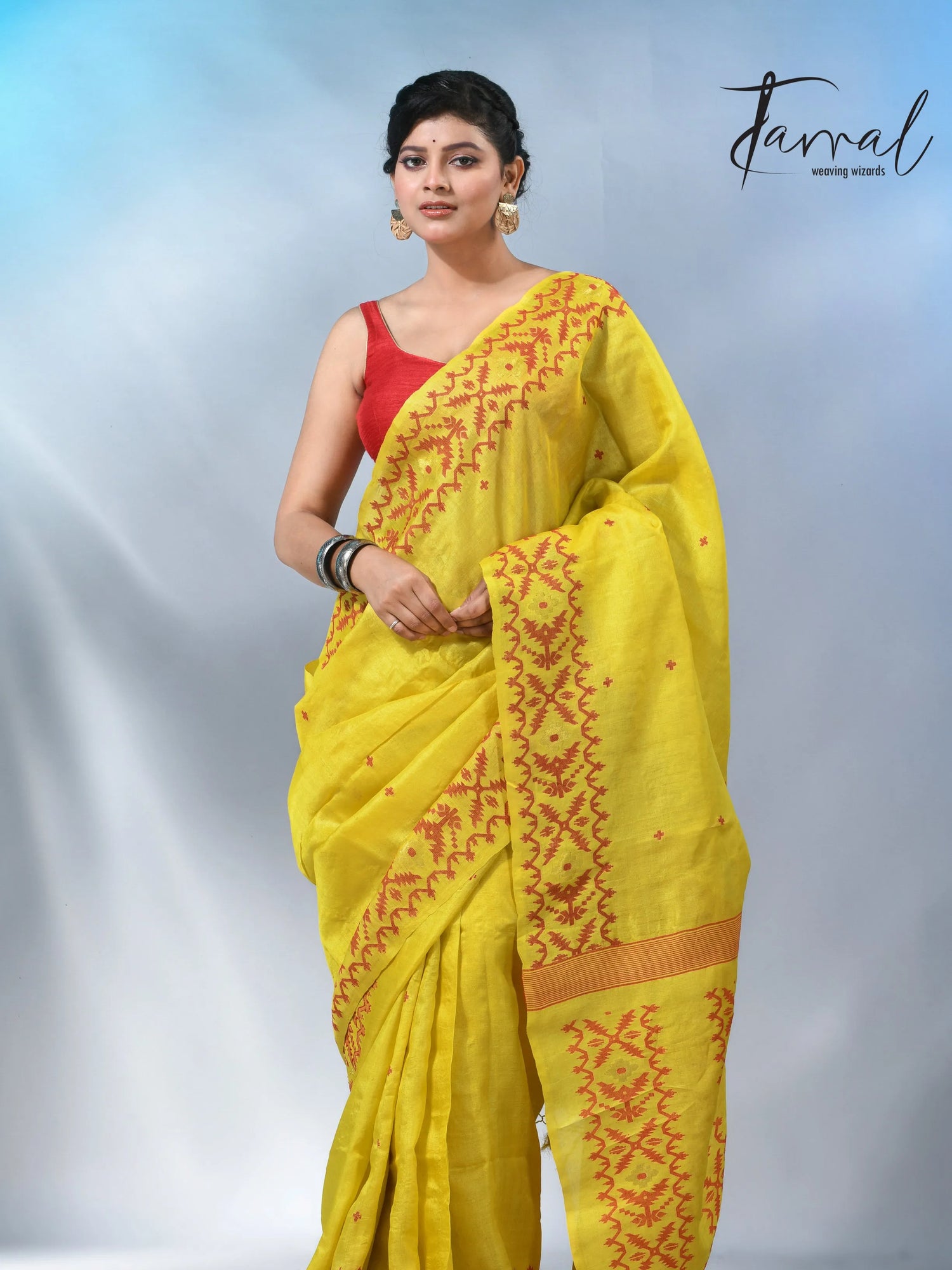 Yellow with Red colour Dhakai tusser handwoven jamdani saree
