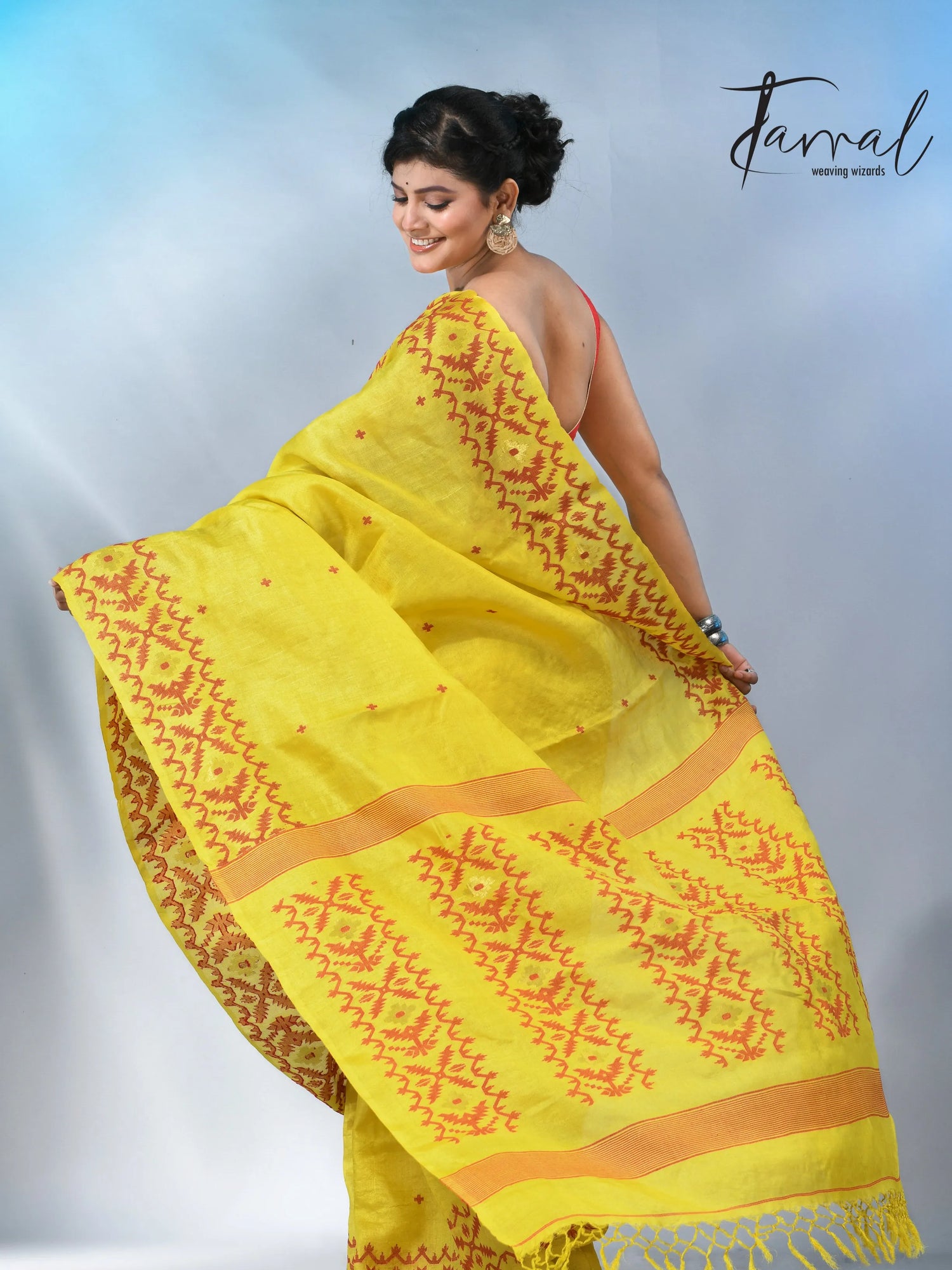Yellow with Red colour Dhakai tusser handwoven jamdani saree