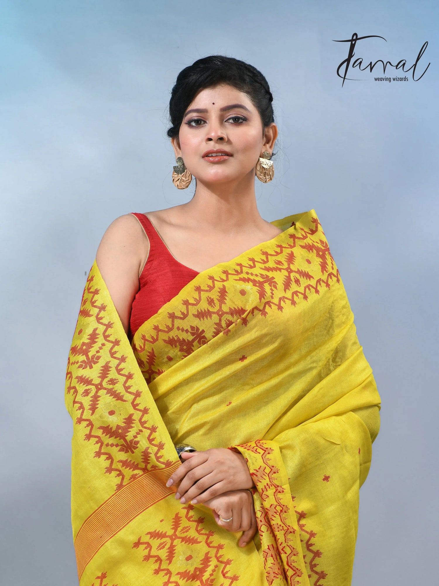 Yellow with Red colour Dhakai tusser handwoven jamdani saree