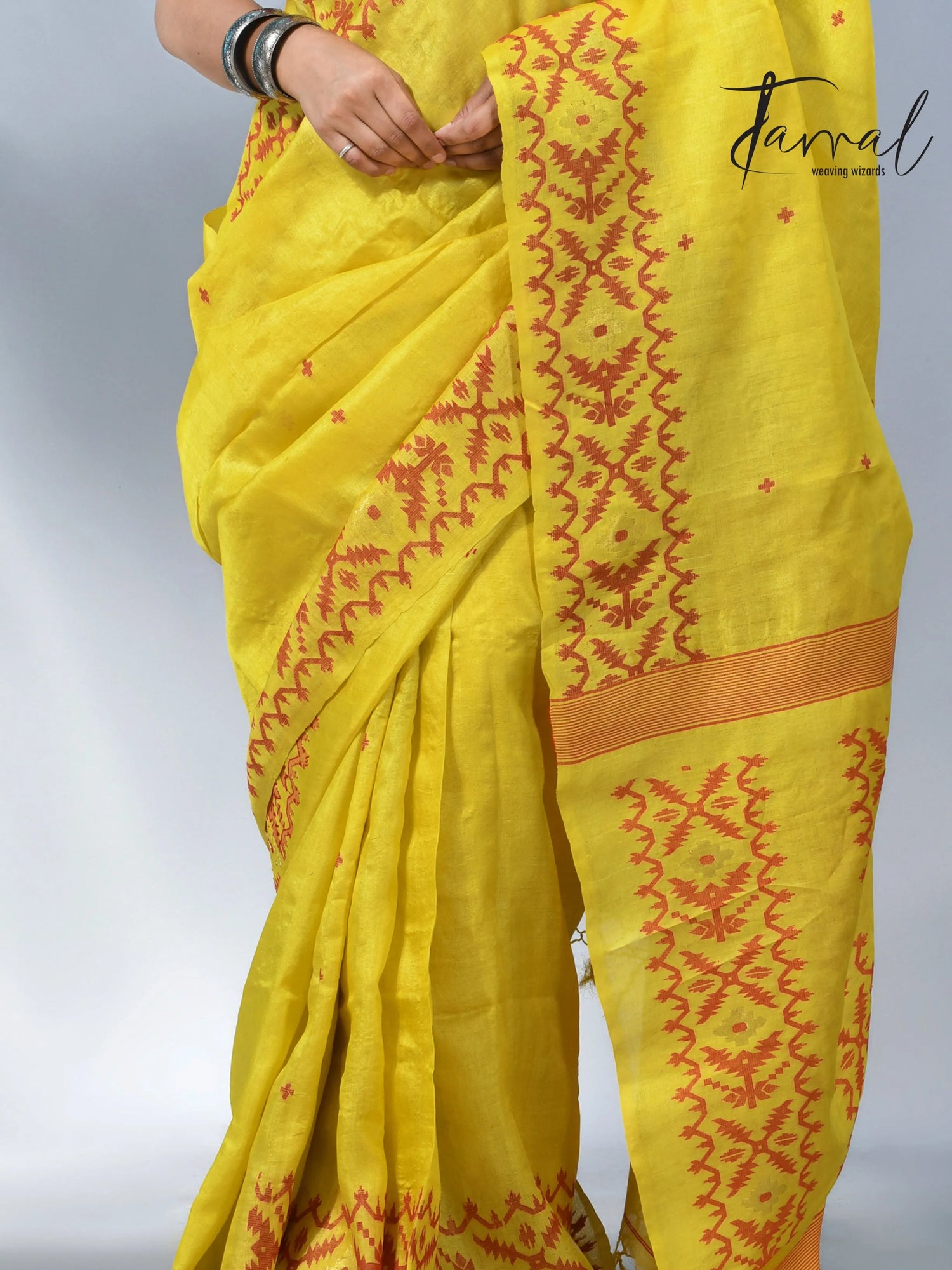 Yellow with Red colour Dhakai tusser handwoven jamdani saree