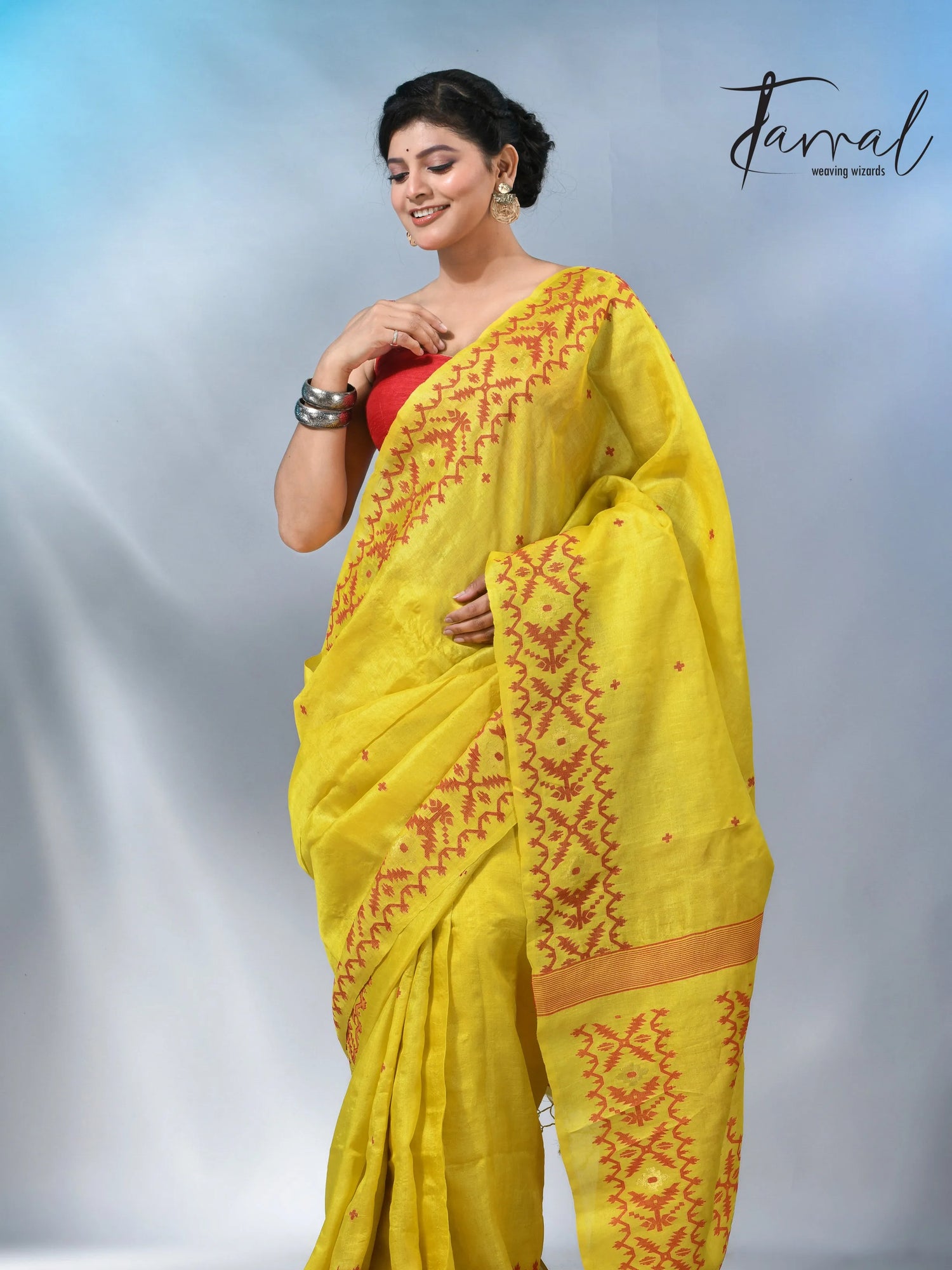 Yellow with Red colour Dhakai tusser handwoven jamdani saree