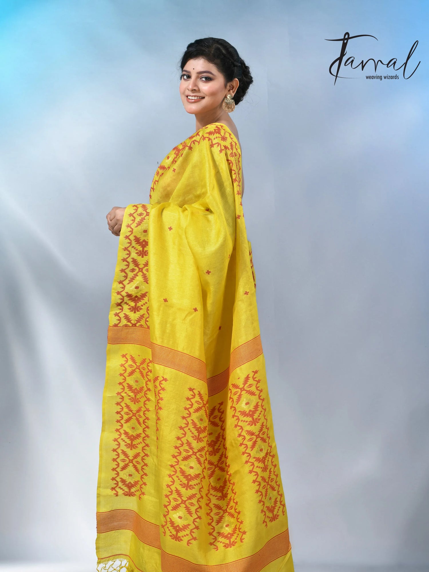 Yellow with Red colour Dhakai tusser handwoven jamdani saree