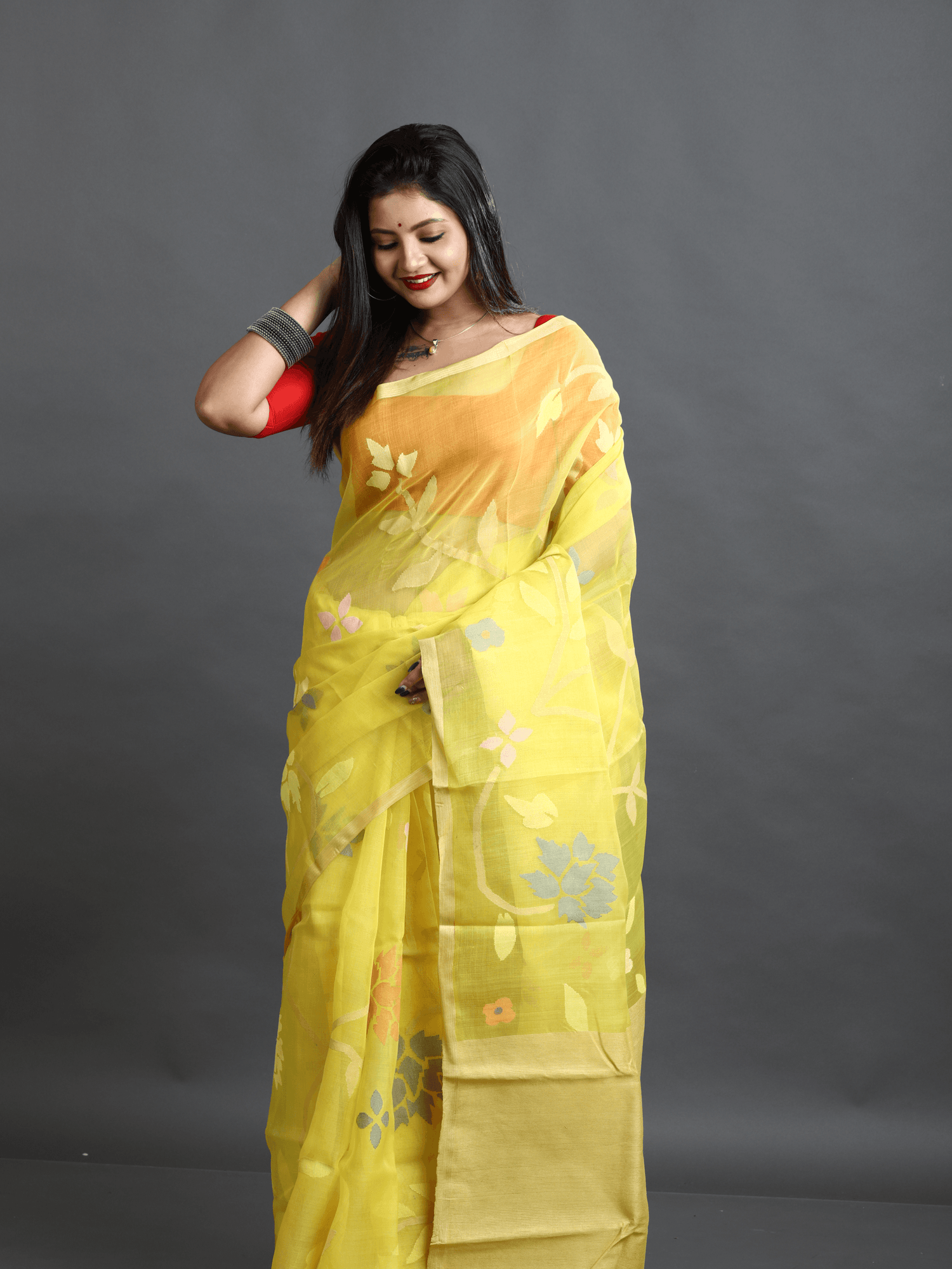 Yellow with Multicolour allover floral motifs handwoven muslin silk jamdani saree - Tamal Boutique