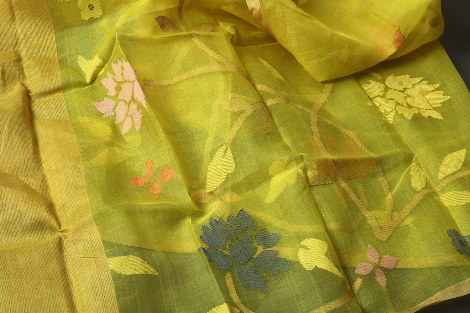 Yellow with Multicolour allover floral motifs handwoven muslin silk jamdani saree - Tamal Boutique