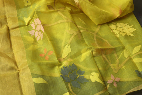 Yellow with Multicolour allover floral motifs handwoven muslin silk jamdani saree - Tamal Boutique