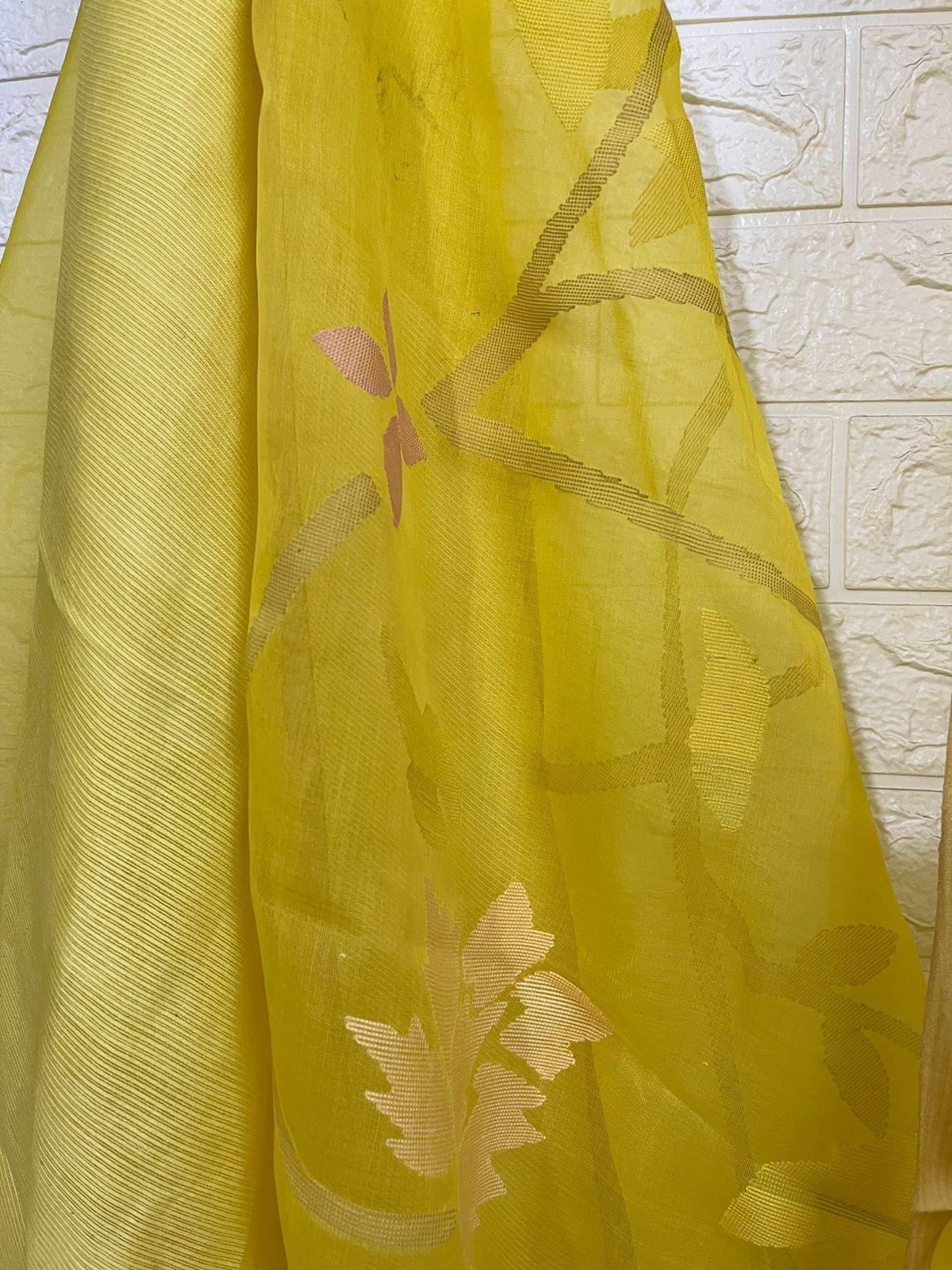 Yellow with Multicolour allover floral motifs handwoven muslin silk jamdani saree - Tamal Boutique