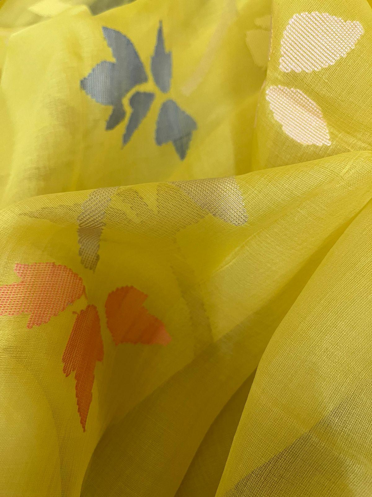 Yellow with Multicolour allover floral motifs handwoven muslin silk jamdani saree - Tamal Boutique