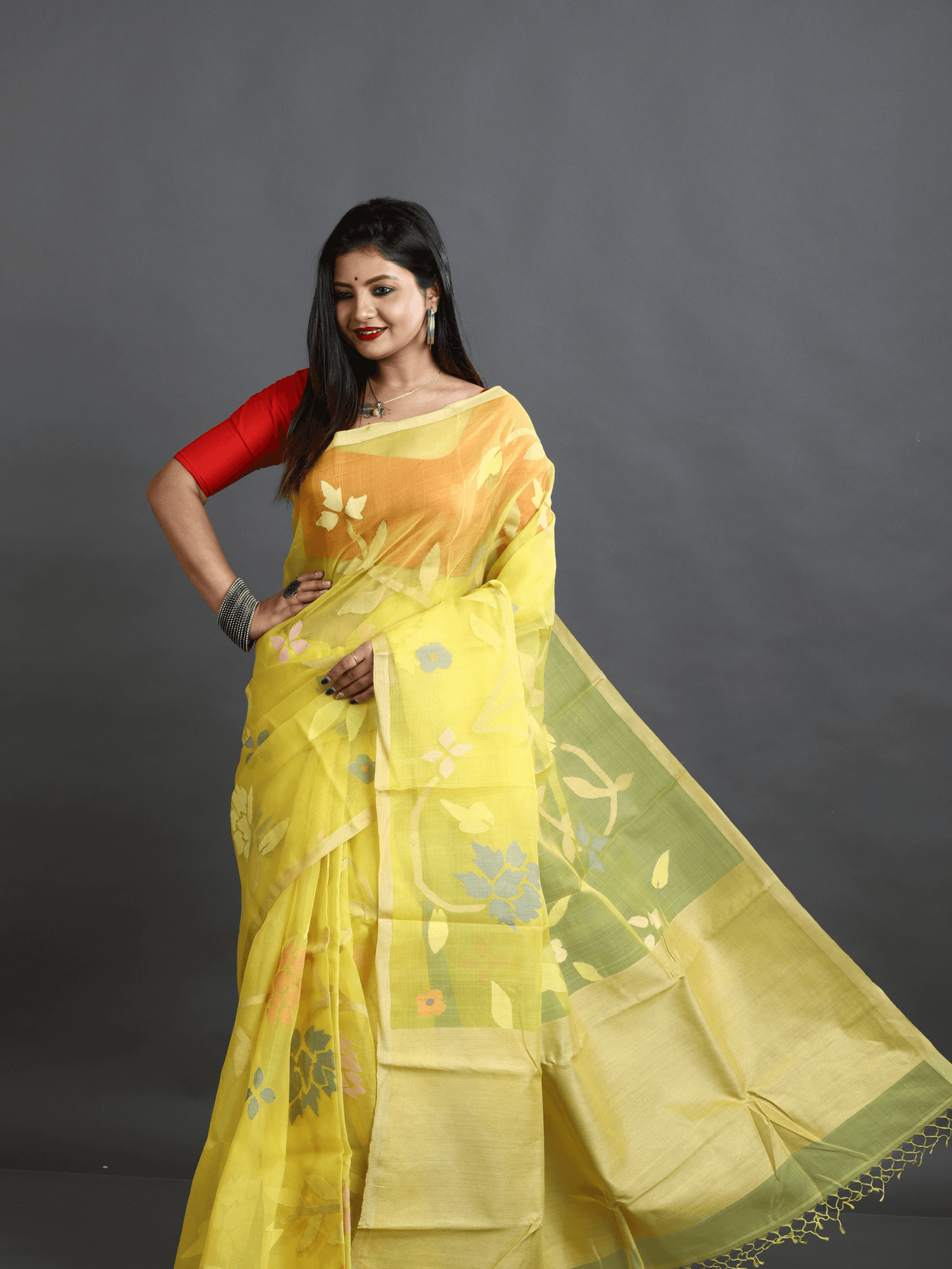 Yellow with Multicolour allover floral motifs handwoven muslin silk jamdani saree - Tamal Boutique