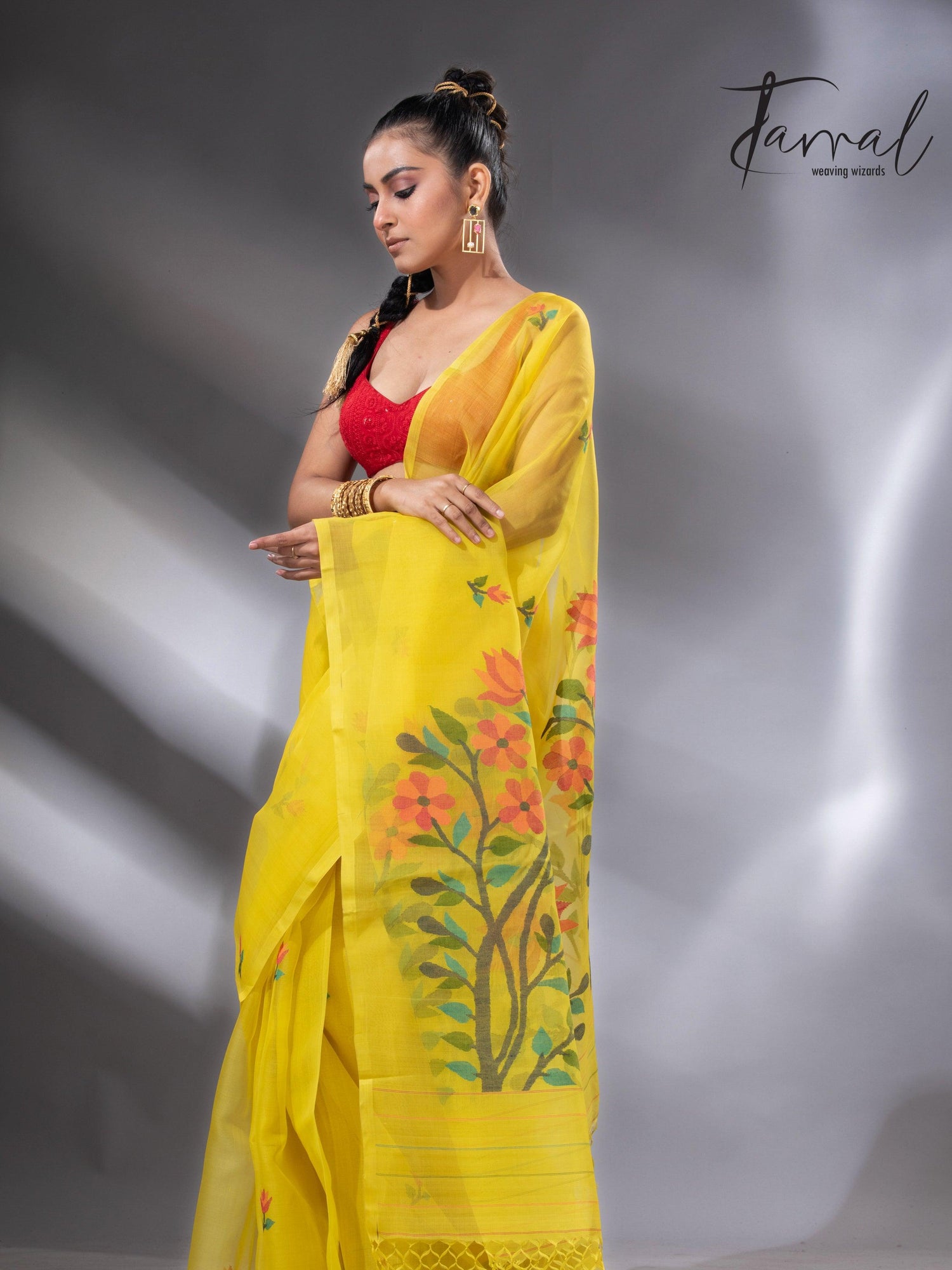 Yellow with floral pallu muslin silk handwoven jamdani saree