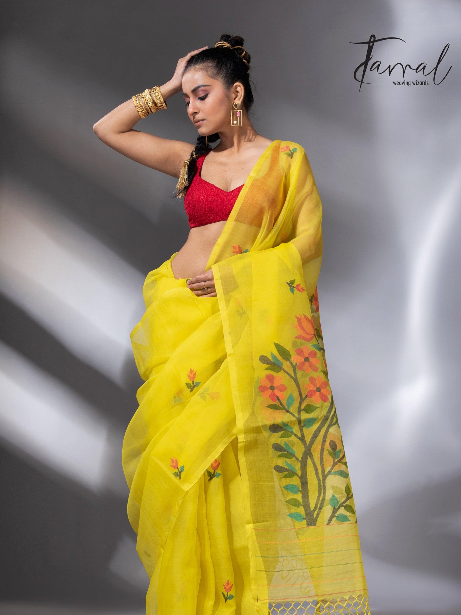 Yellow with floral pallu muslin silk handwoven jamdani saree full