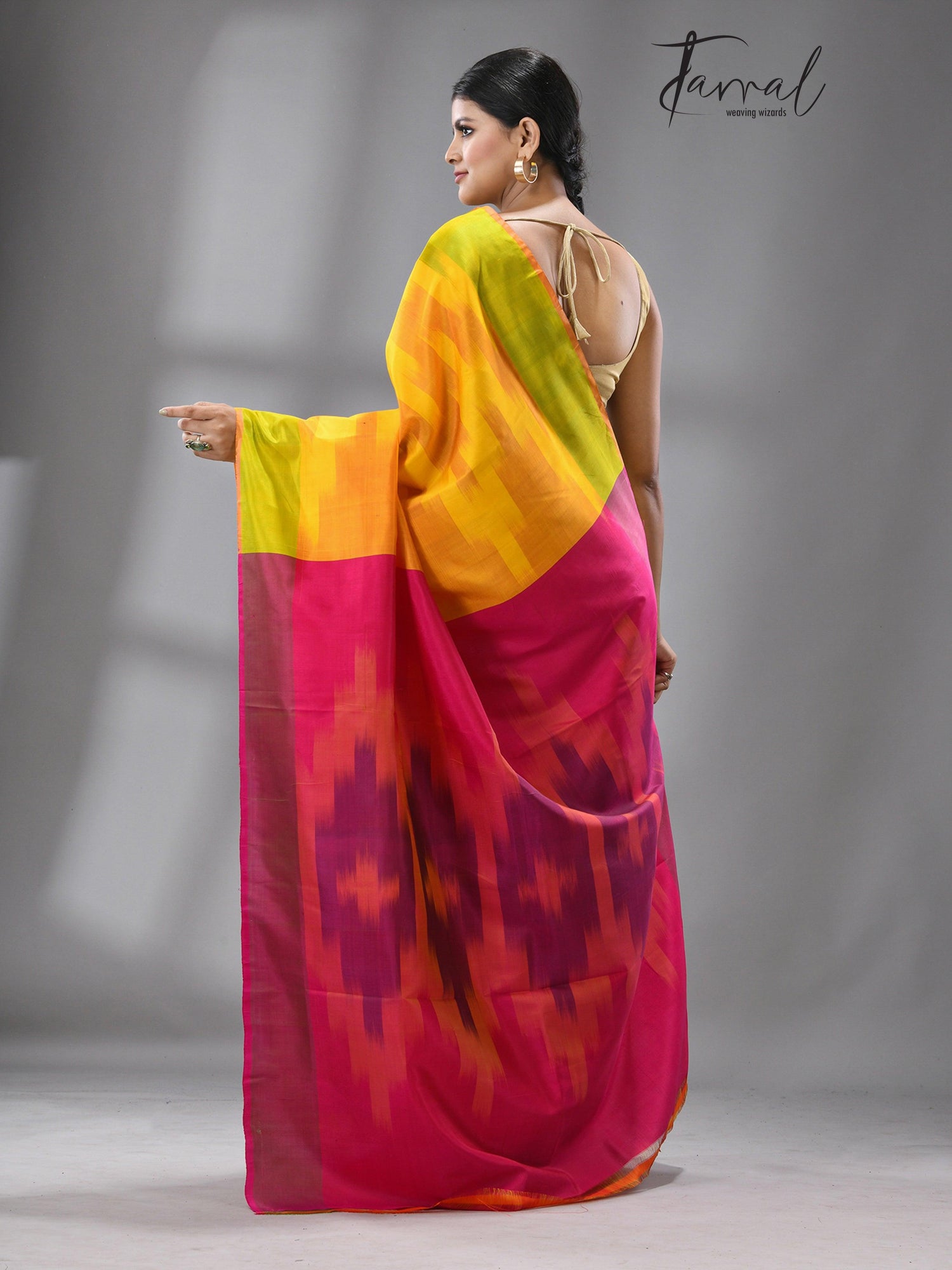 Yellow with green border Bishnupuri katki Katan Silk saree