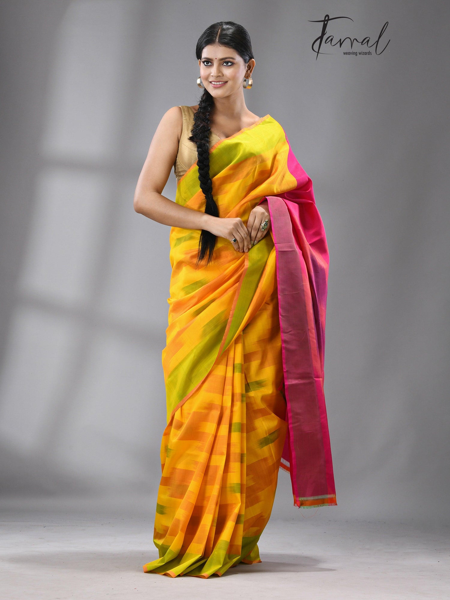Yellow with green border Bishnupuri katki Katan Silk saree