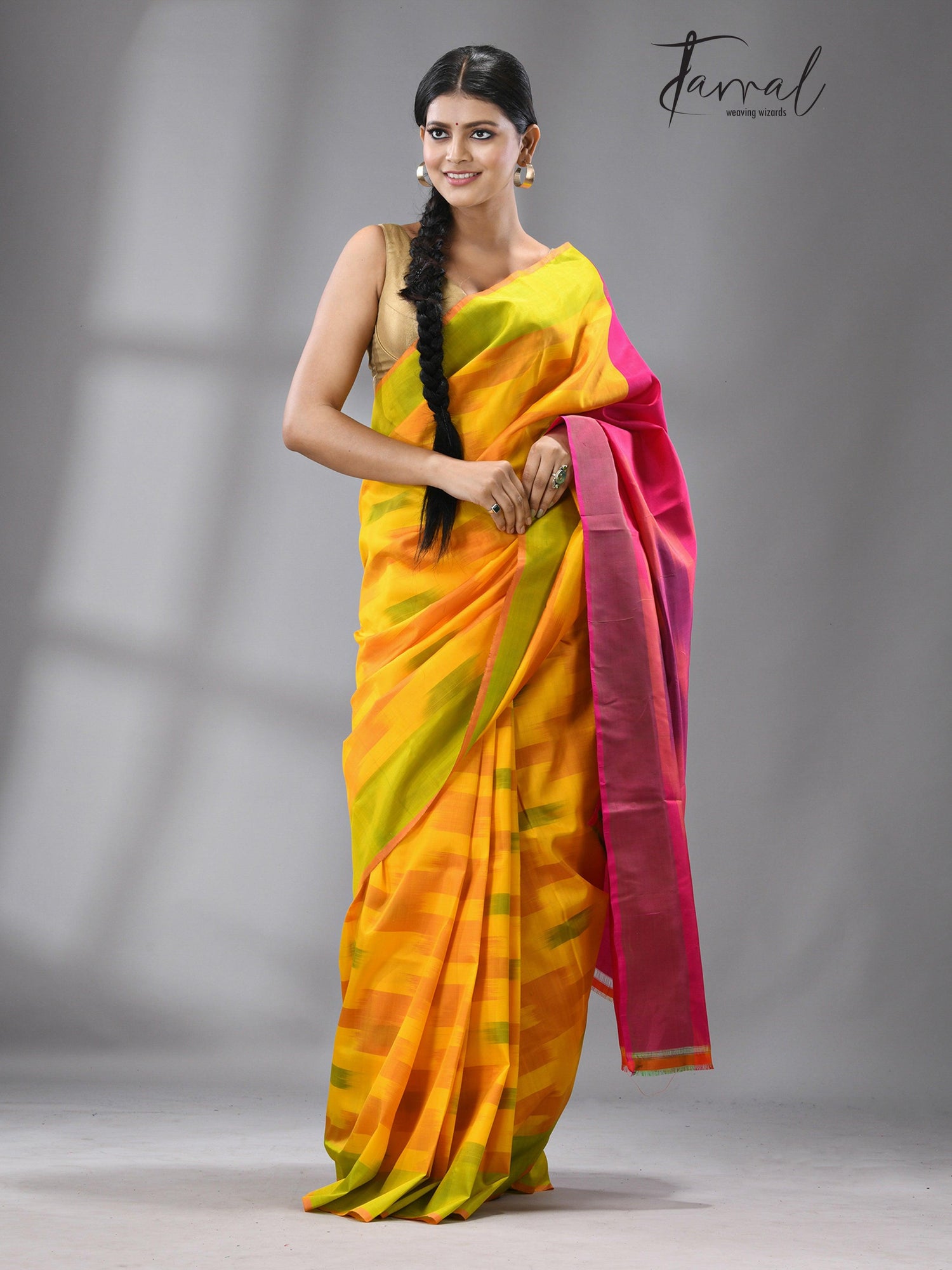 Yellow with green border Bishnupuri katki Katan Silk saree