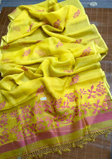 Yellow with Rani colour rose motifs handwoven jamdani saree in muslin silk - Tamal Boutique