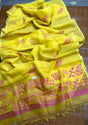 Yellow with Rani colour rose motifs handwoven jamdani saree in muslin silk - Tamal Boutique