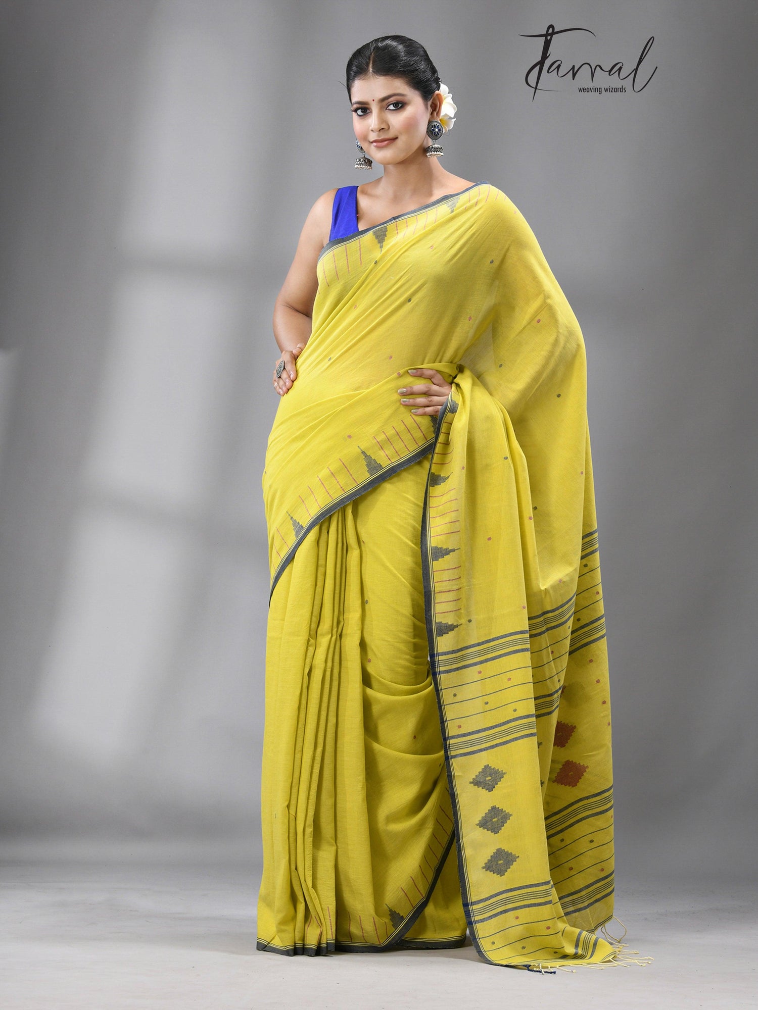 Yellow with temple border pure cotton handwoven jamdani saree