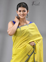 Yellow with temple border pure cotton handwoven jamdani saree