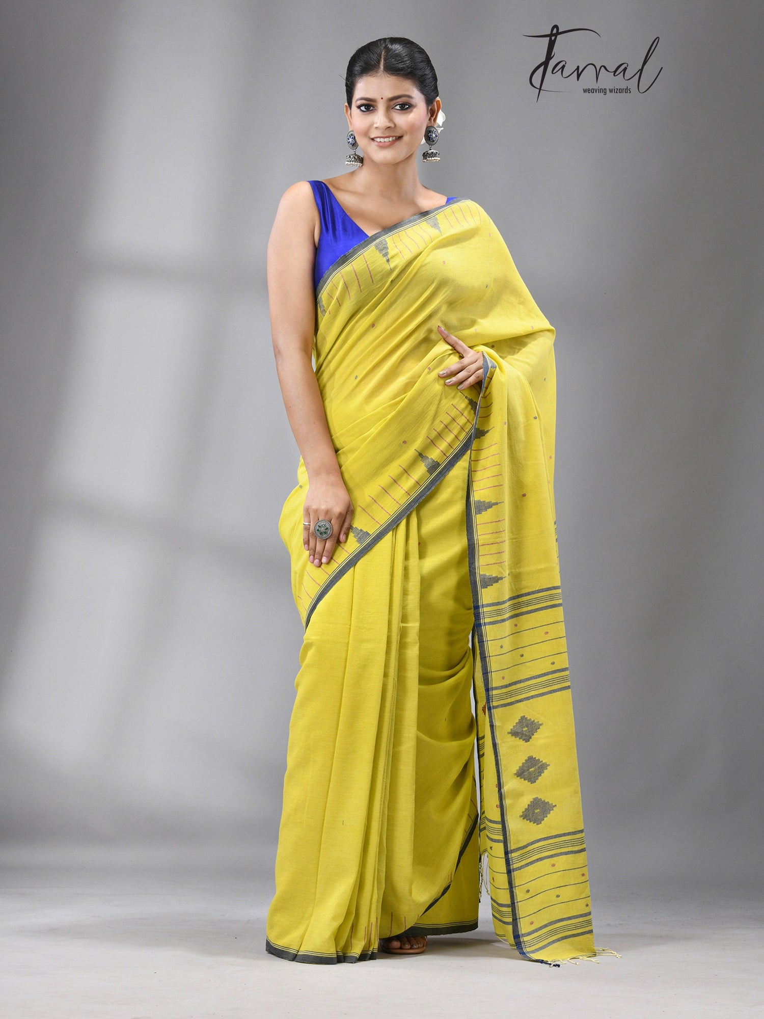 Yellow with temple border pure cotton handwoven jamdani saree