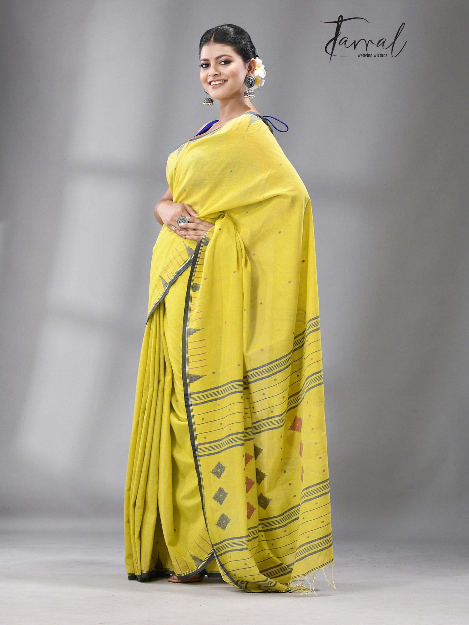 Yellow with temple border pure cotton handwoven jamdani saree