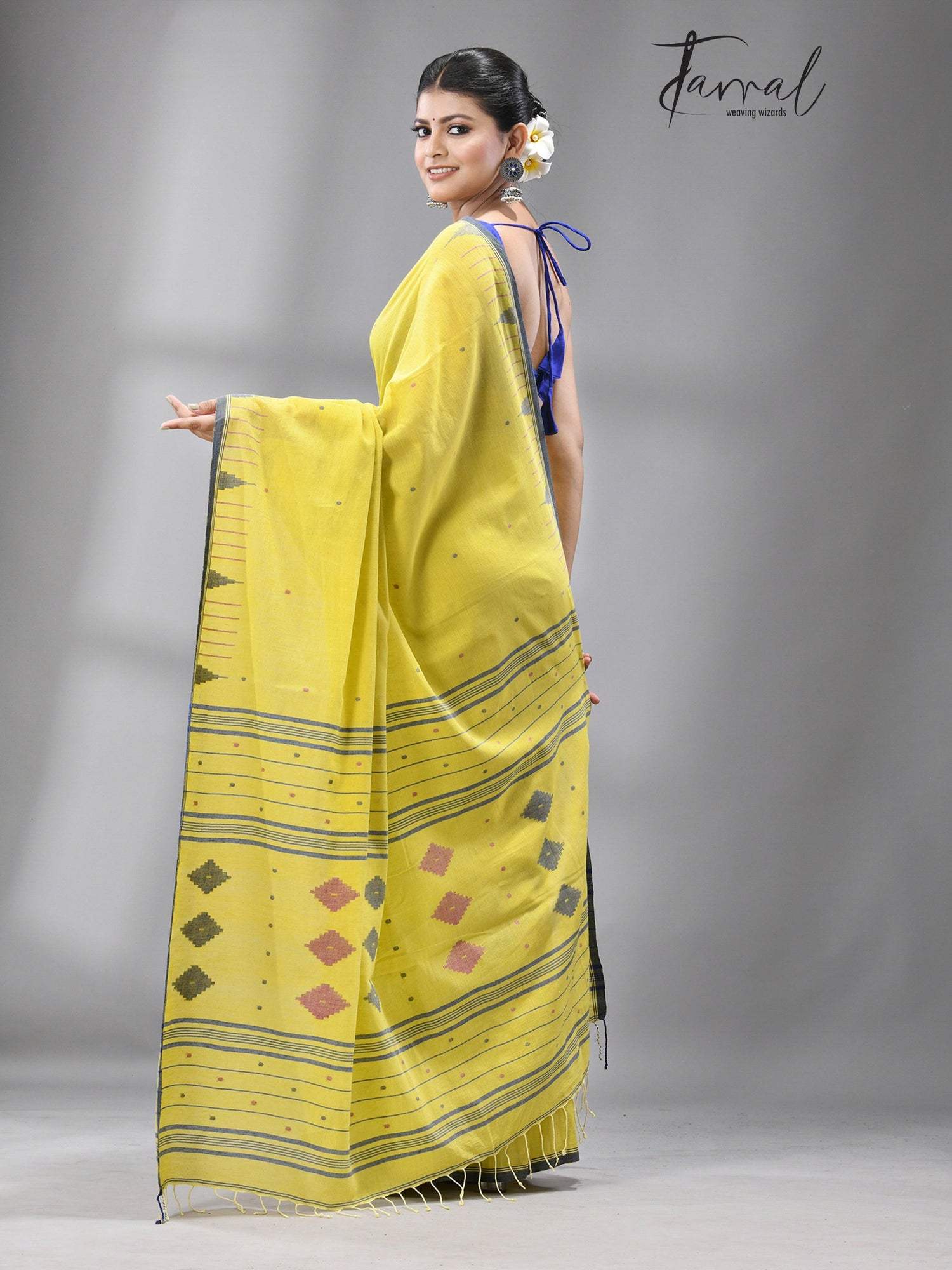 Yellow with temple border pure cotton handwoven jamdani saree