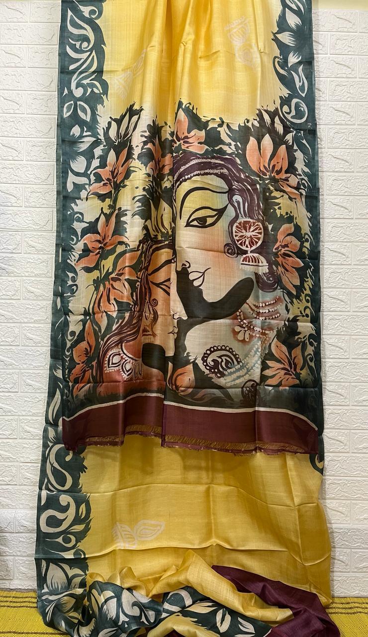 Yellow with other colour shiva parbati hand painted tusser silk saree - Tamal Boutique