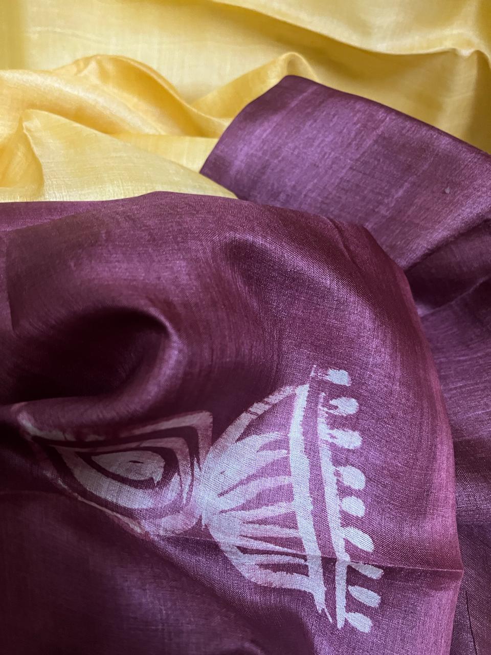 Yellow with other colour shiva parbati hand painted tusser silk saree - Tamal Boutique