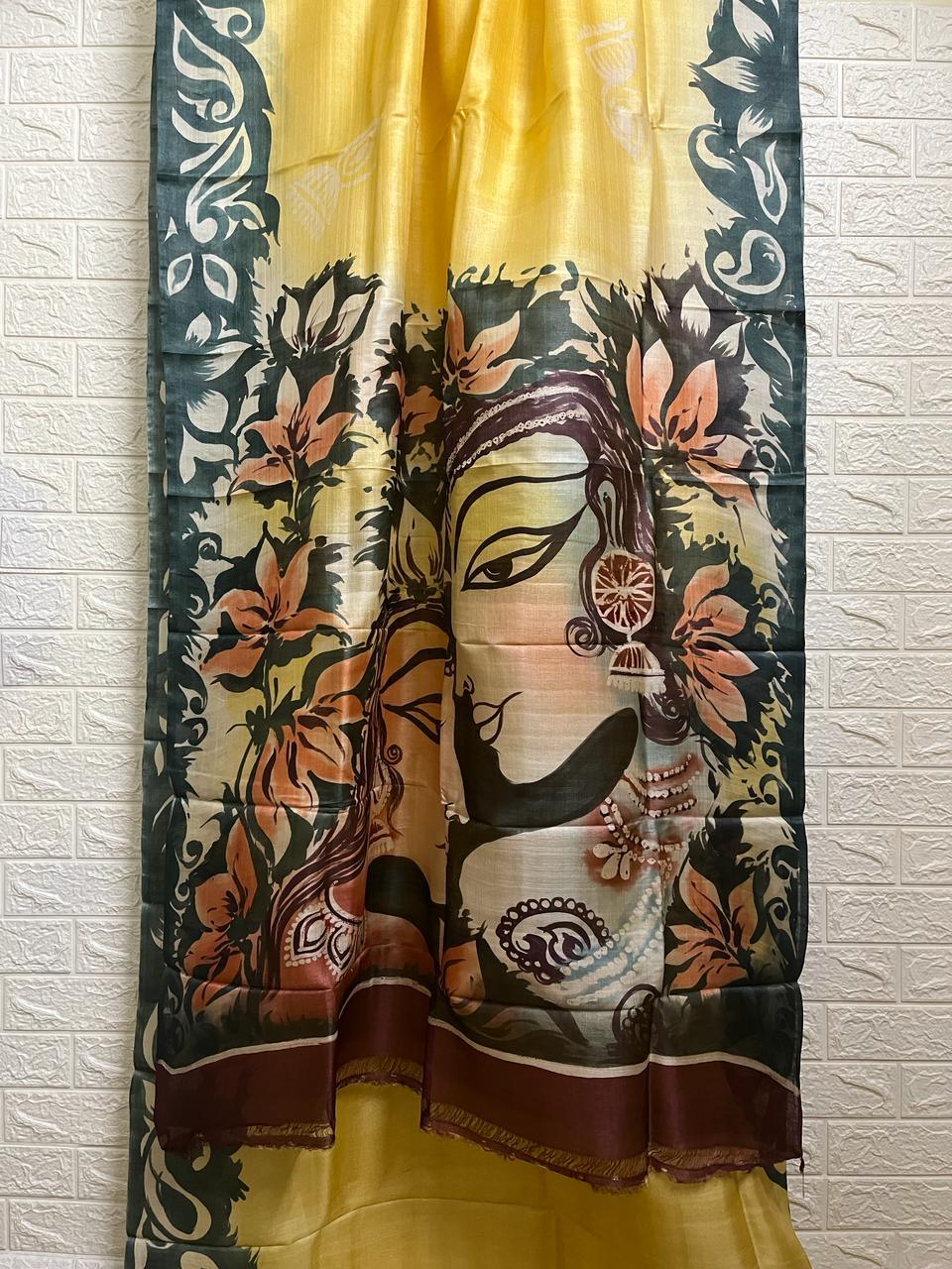 Yellow with other colour shiva parbati hand painted tusser silk saree - Tamal Boutique