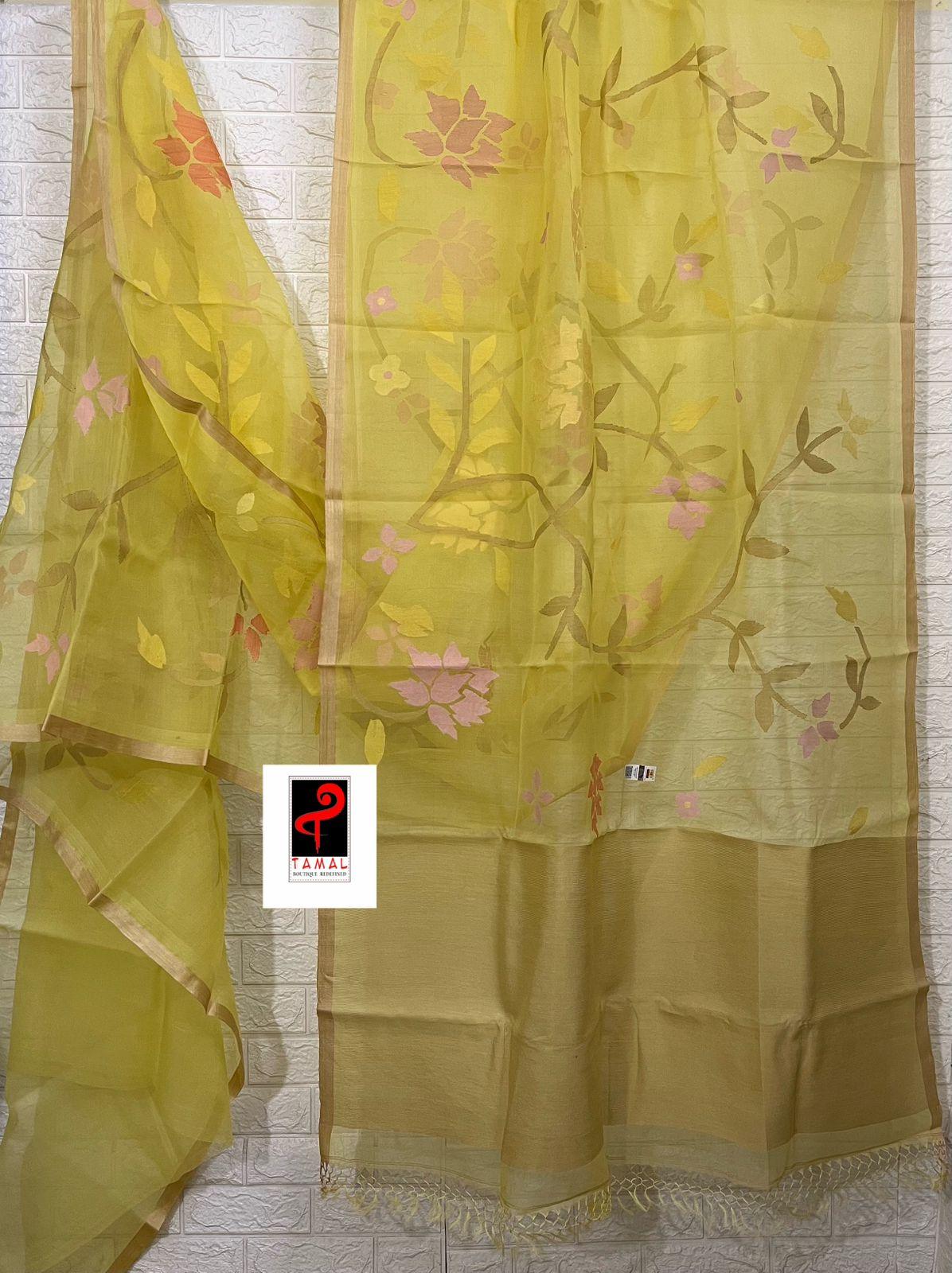Yellow with tusser border allover floral handwoven jamdani saree in muslin silk - Tamal Boutique