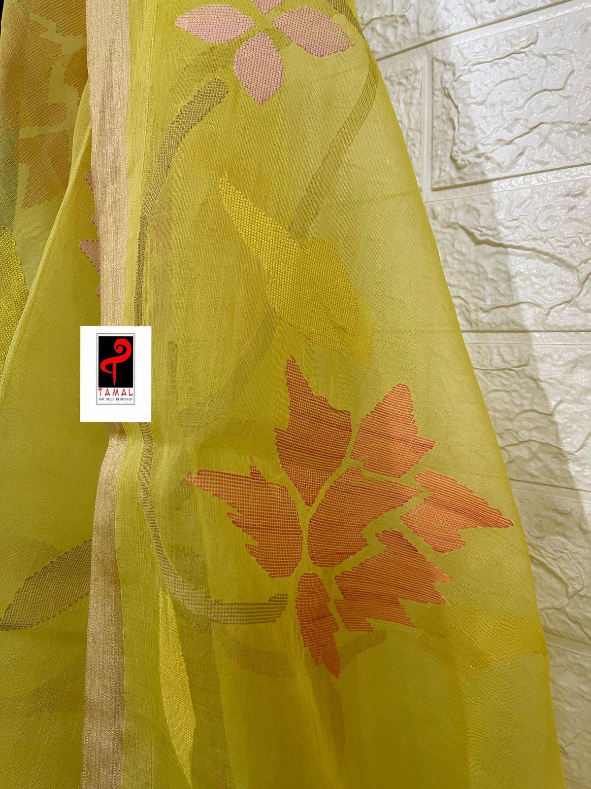 Yellow with tusser border allover floral handwoven jamdani saree in muslin silk - Tamal Boutique