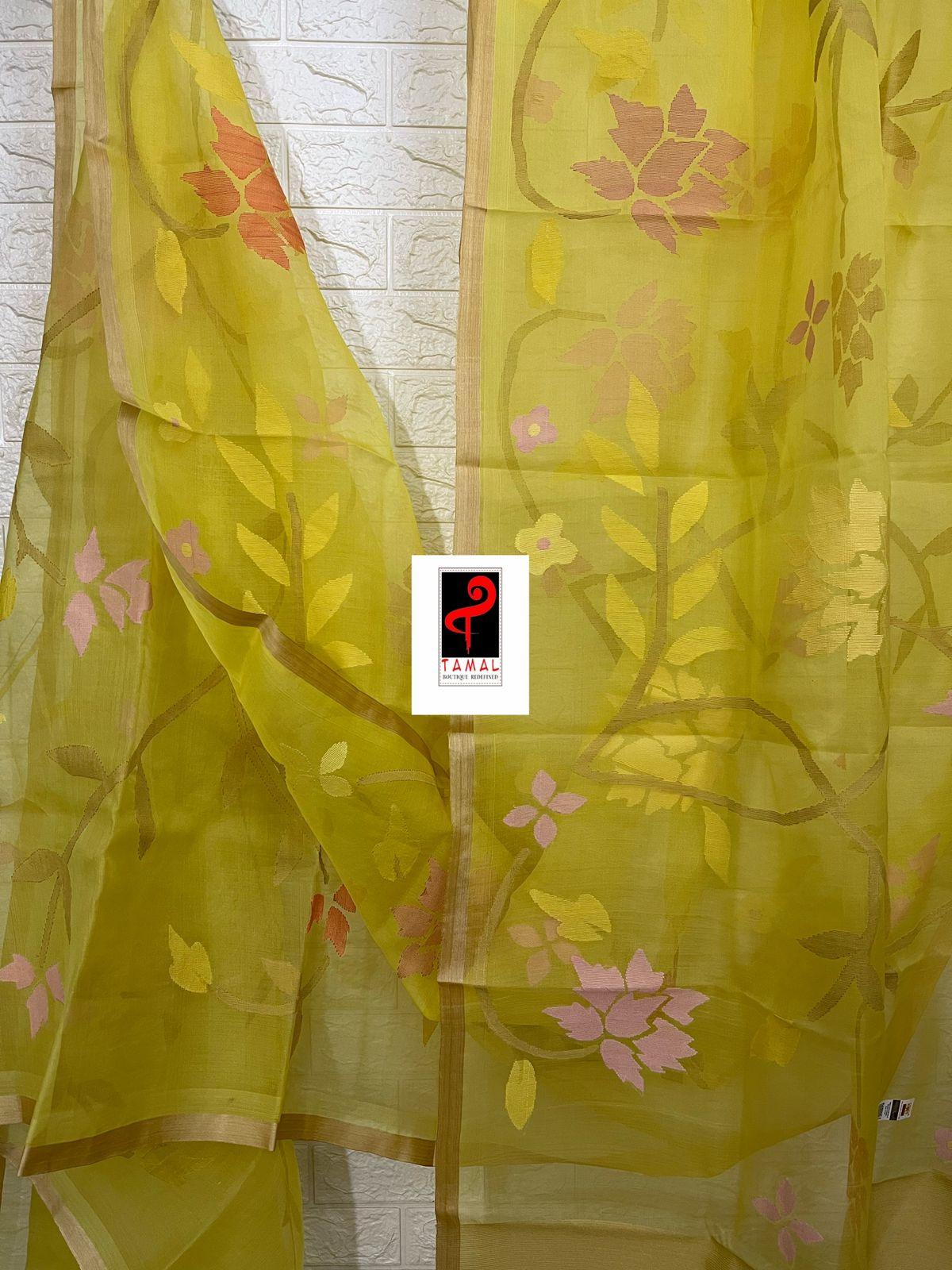 Yellow with tusser border allover floral handwoven jamdani saree in muslin silk - Tamal Boutique