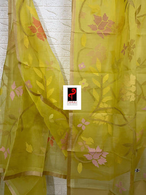 Yellow with tusser border allover floral handwoven jamdani saree in muslin silk - Tamal Boutique