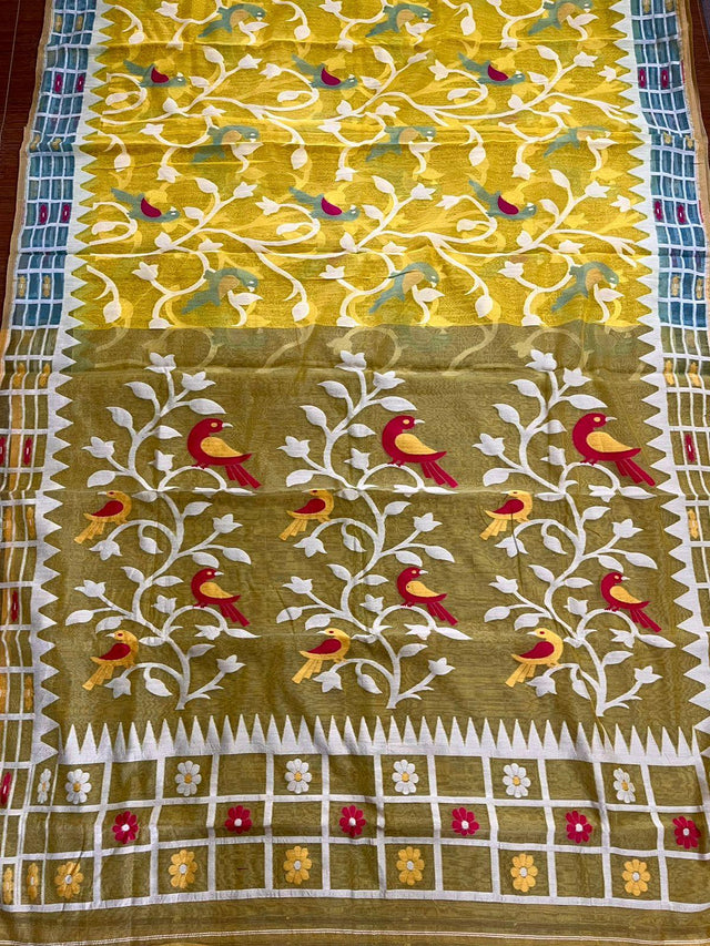 Yellow with water blue border soft bird design handloom dhakai jamdani saree - Tamal Boutique