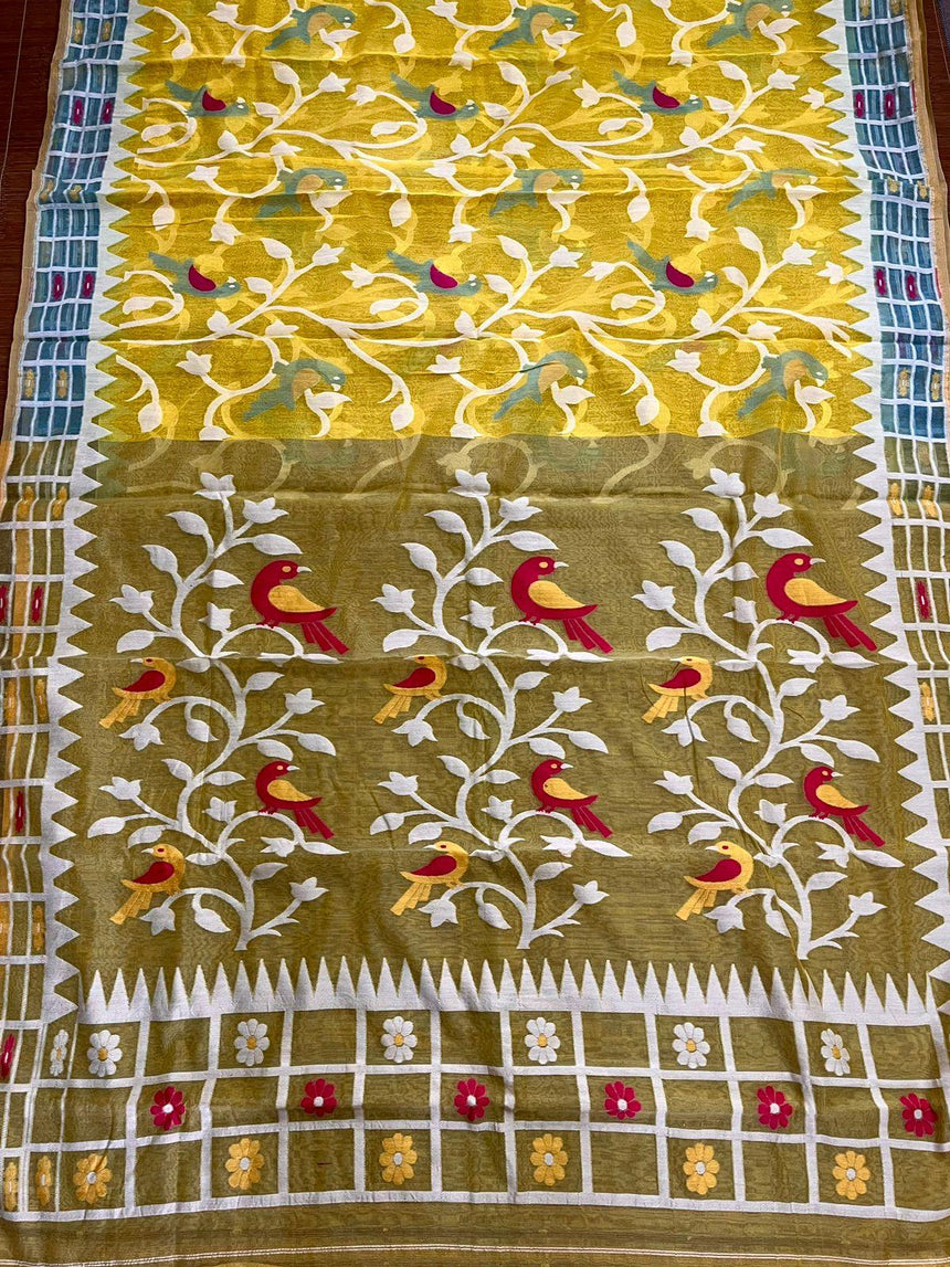 Yellow with water blue border soft bird design handloom dhakai jamdani saree - Tamal Boutique