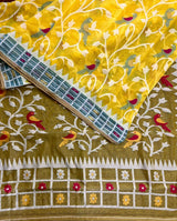 Yellow with water blue border soft bird design handloom dhakai jamdani saree - Tamal Boutique