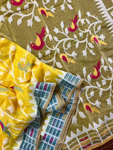 Yellow with water blue border soft bird design handloom dhakai jamdani saree - Tamal Boutique