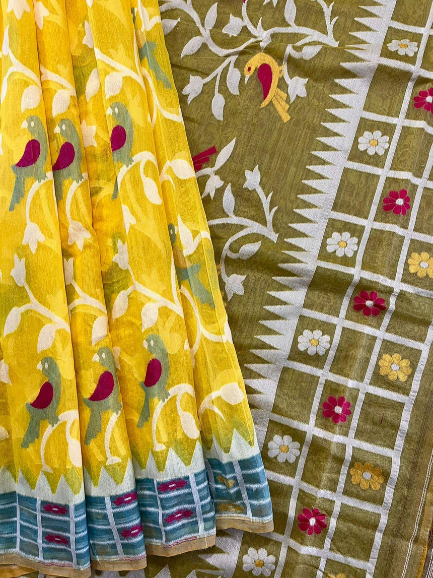 Yellow with water blue border soft bird design handloom dhakai jamdani saree - Tamal Boutique