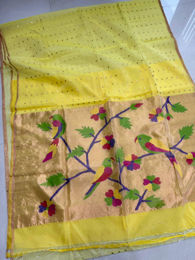 Yellow bird Paithani Organza Silk handwoven jamdani saree - Tamal Boutique