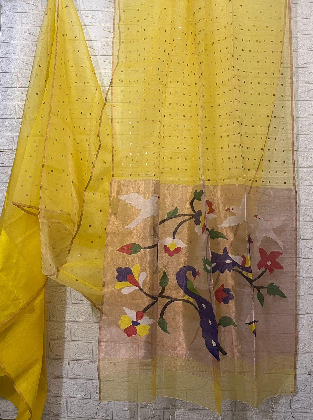 Yellow with zari border paithani sequins handwoven organza silk saree - Tamal Boutique
