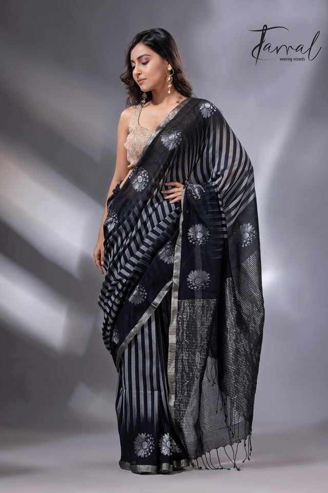 Zari border with cotton handloom striped jamdani saree in Black