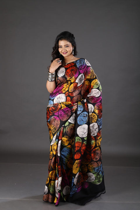 Black with multi colour palka dot hand batik in katan silk saree