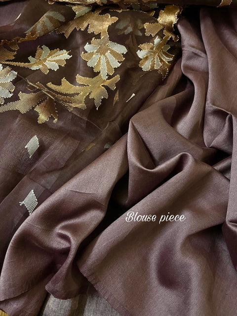Brown silk linen handwoven jamdani saree