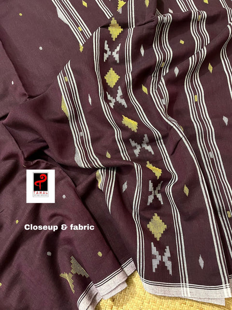 Chocolate colour diamond pallu cotton handwoven jamdani saree