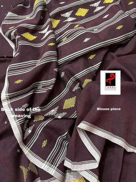 Chocolate colour diamond pallu cotton handwoven jamdani saree