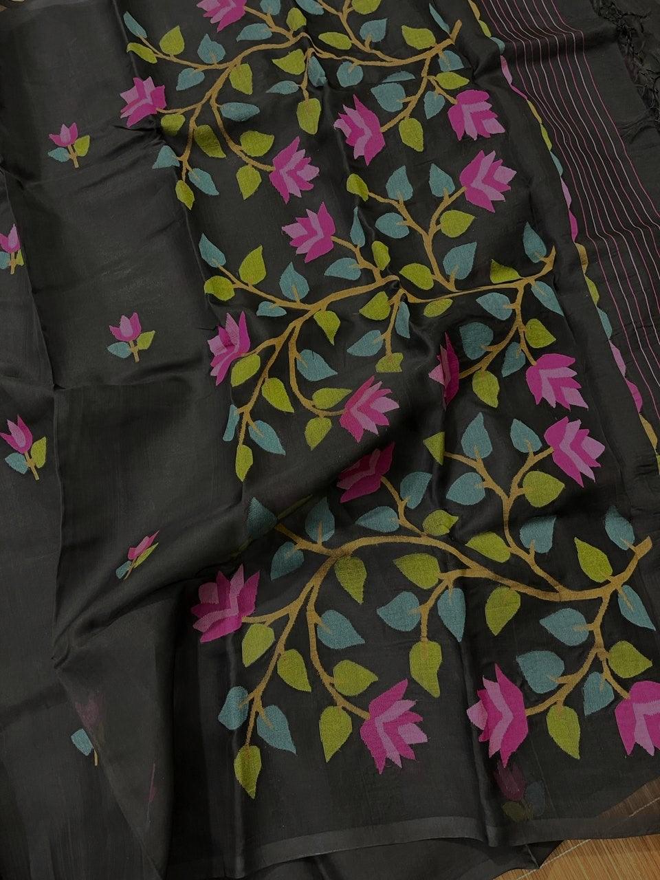 Black With Multi Colour Muslin Silk Handwoven Jamdani Saree - Tamal Boutique