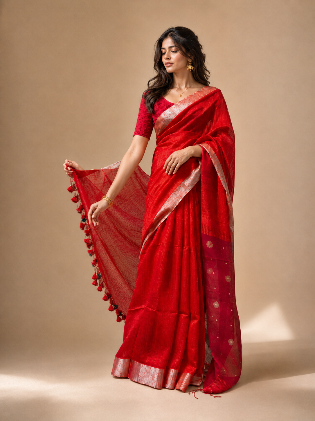 Red Matka Silk Handwoven Jamdani Saree – Traditional Pattern | Silk Mark Certified
